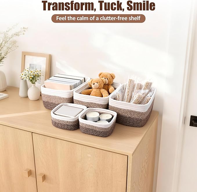 5-Pack Small Woven Rope Storage Baskets, 2 Sizes Organizer Bins | Fabric Cube - Image 5
