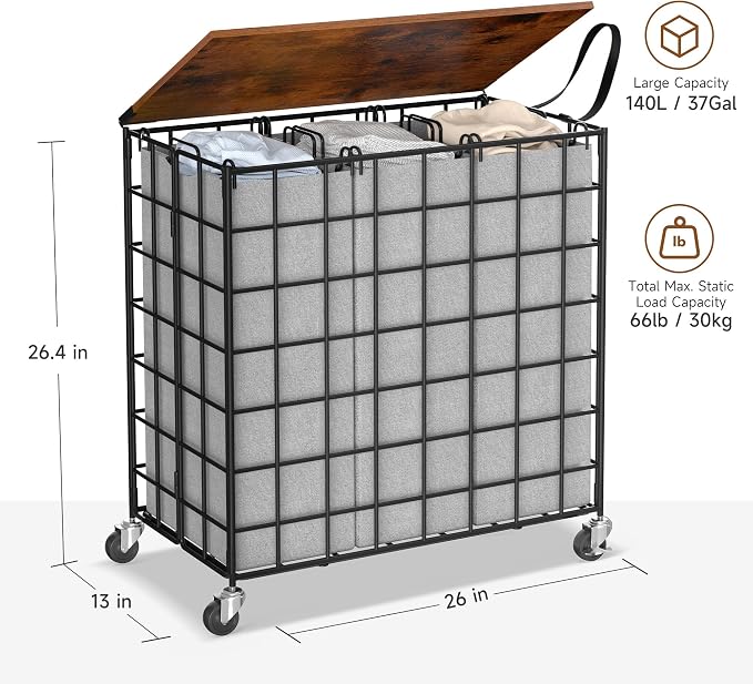 Laundry Basket with Wheels, Heavy Duty Laundry Sorter 3 Sections, 140L Large - Image 3