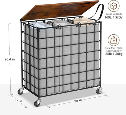 Laundry Basket with Wheels, Heavy Duty Laundry Sorter 3 Sections, 140L Large - Image 3