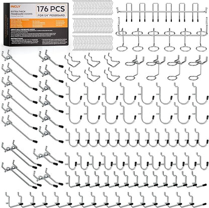 INCLY 176PCS Extra Thick Pegboard Hooks, 1/4" Heavy Duty Metal Peg Board Hooks by INCLY