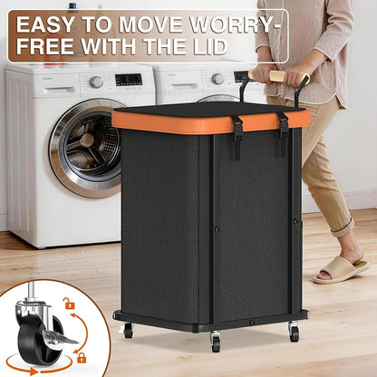 40 Gal Laundry Hamper with Lid, Leather Patchwork Laundry Basket with Rolling - Image 3