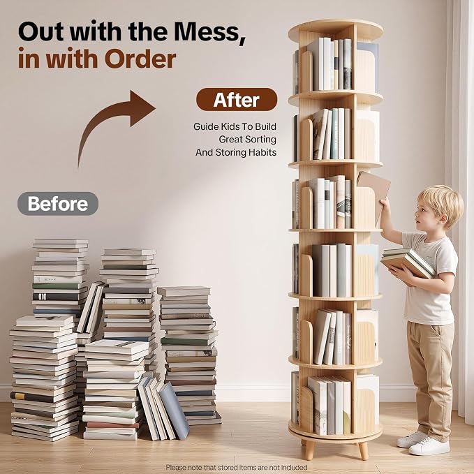 6 Tier Rotating Bookshelf Tower, Solid Wood Bookshelf - Image 2