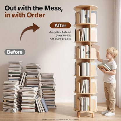 6 Tier Rotating Bookshelf Tower, Solid Wood Bookshelf - Image 2