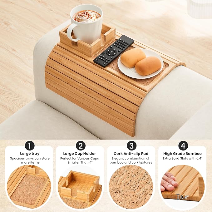 Bamboo Couch Cup Holder, Foldable Sofa Arm Tray, Anti-Slip Couch Aremrest Tray - Image 2