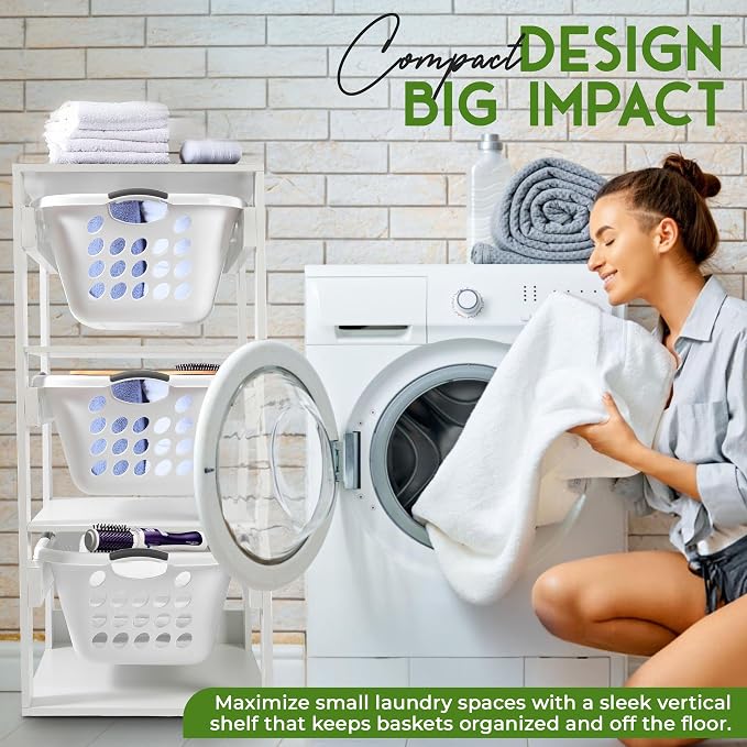 Laundry Basket Holder Shelf – Stackable Engineered Wood Laundry Tower, Tiered - Image 5