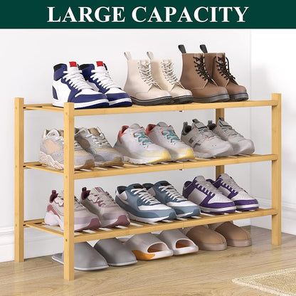 Smiry Bamboo Shoe Rack for Closet, 3 Tier Wooden Stackable Shoe Organizer - Image 4