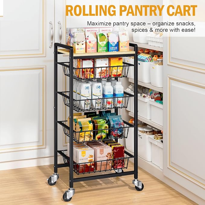 TOOLF 5 Tier Kitchen Storage Cart, Metal Utility Rolling Snack Cart | Wooden - Image 4