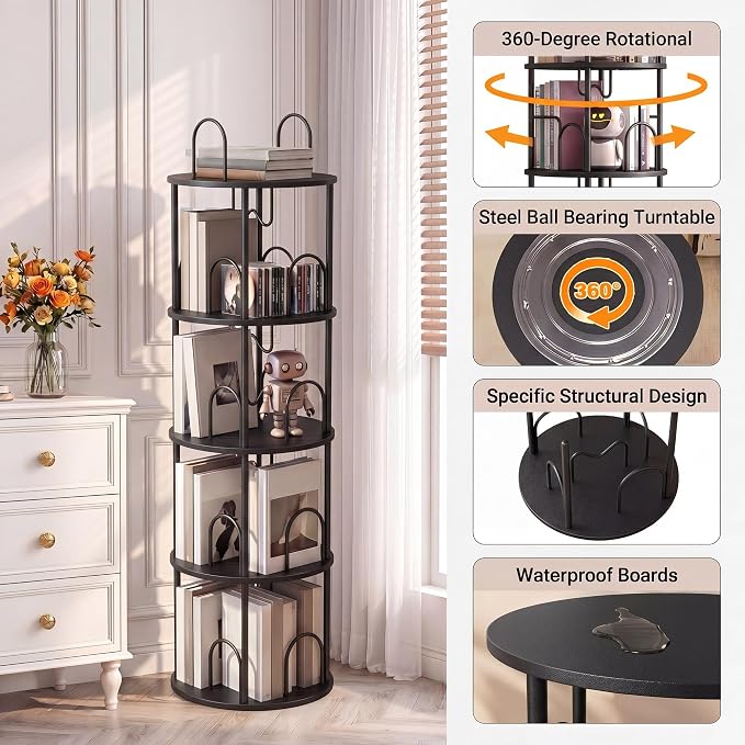 4 Tier Rotating Bookshelf, 360° Spinning Bookshelf Tower, Narrow Corner Book - Image 4