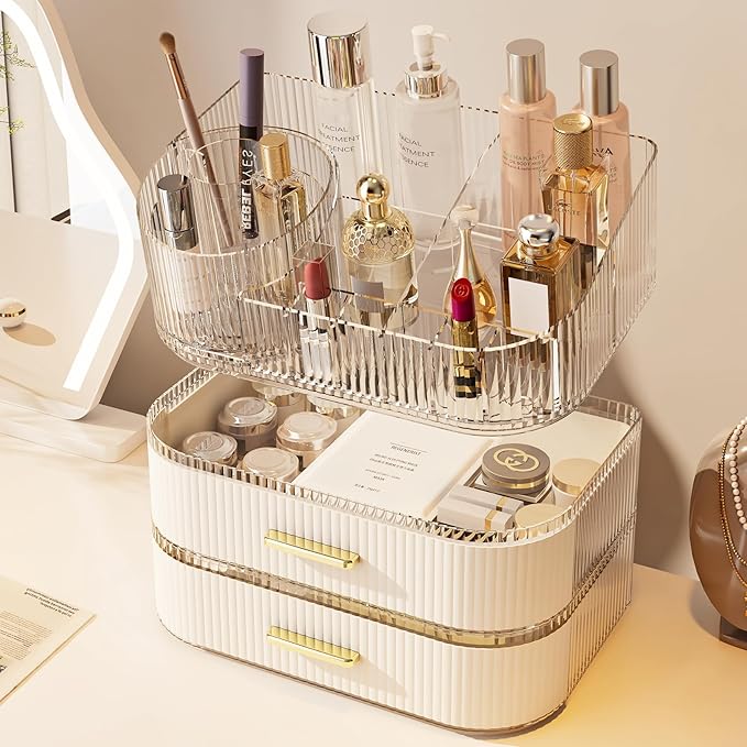 Makeup Organizer with 360 Rotating Brush Holder and Stackable Drawers, Cosmetic - Image 4
