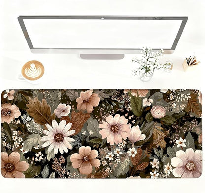 Vintage Beige Floral Mouse Pad – Large Extended Desk Mat 35.43 x 15.75 in – by LEIWEIHOPE