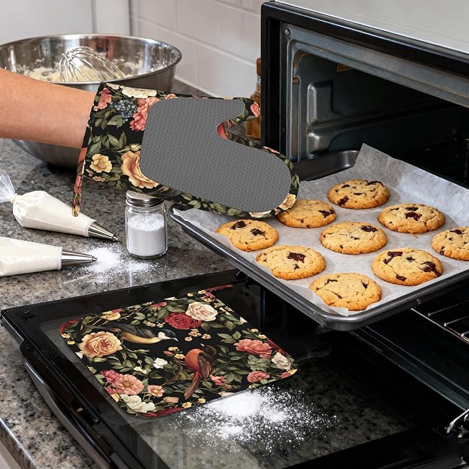 Vintage Rose Peony Floral Oven Mitts and Pot Holders, Bird Heat Resistant - Image 4