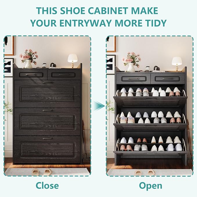 Shoe Cabinet with 3 Large Flip Drawers and 2 Storage Drawers, Narrow Shoe - Image 4