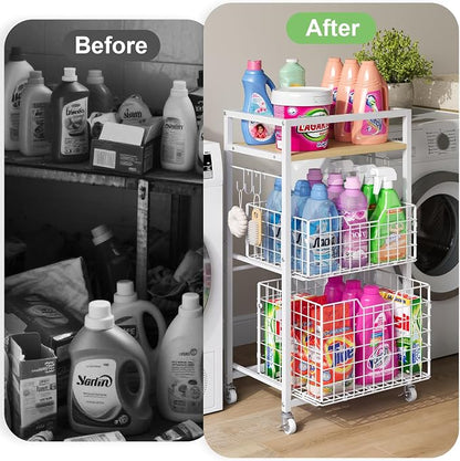 3 Tier Laundry Room Cart with Pull-Out Baskets, Utility Cart Rolling Storage - Image 6