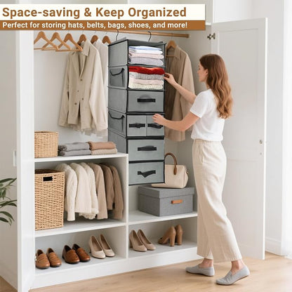 6-Tier Hanging Shelves with 5 Drawers & 3 Side Pocket, Durable Fabric Hanging - Image 7
