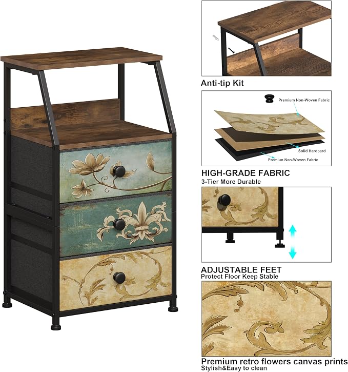 Tohomeor Dresser with Fabric Drawers Nightstand with 2 Tier Shelf Storage Tower - Image 5