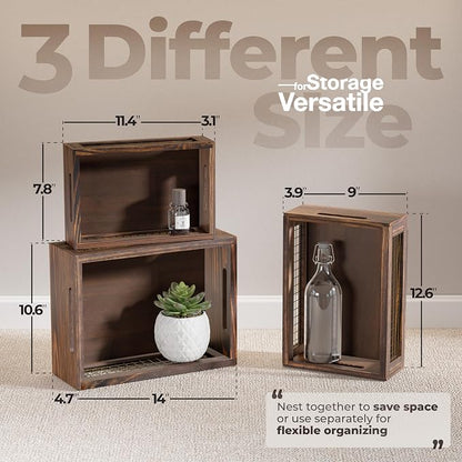 Set of 3 Wooden Nesting Countertop Baskets, Rustic Wood Storage Crates - Image 2