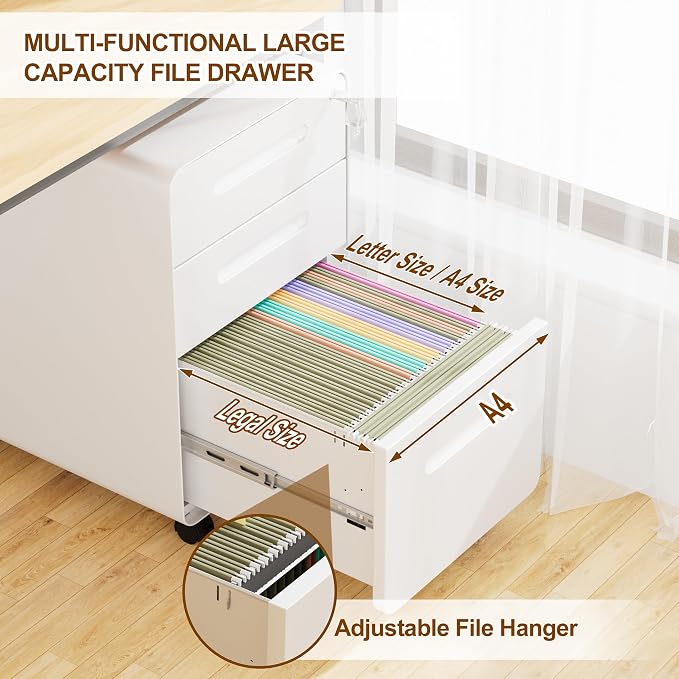 3 Drawer File Cabinet with Lock and 4 Keys, Mobile Metal Filing Cabinet - Image 6