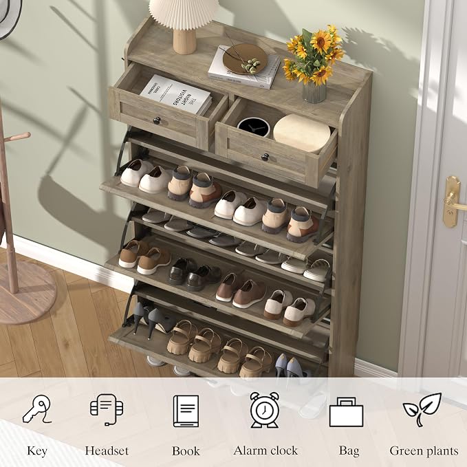 Thacuok Shoe Cabinet with 3 Flip Drawers & 2 Storage Drawers, Rustic Farmhouse - Image 5
