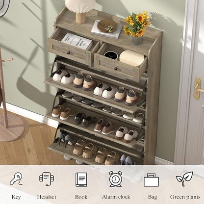Thacuok Shoe Cabinet with 3 Flip Drawers & 2 Storage Drawers, Rustic Farmhouse - Image 5