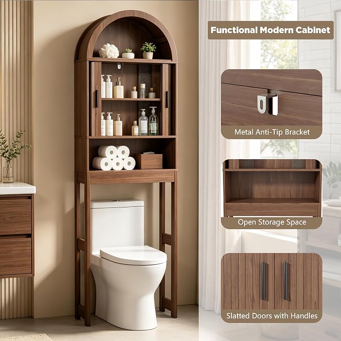 Arched Over The Toilet Storage Cabinet, Walnut Freestanding Bathroom Organizer - Image 3
