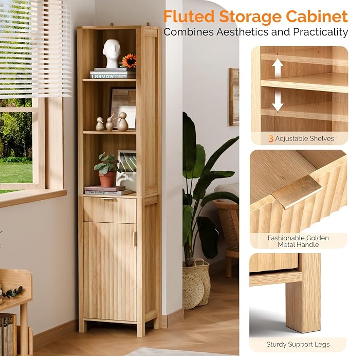 VINGLI Narrow Fluted Bathroom Floor Skinny Storage Cabinet - Image 3