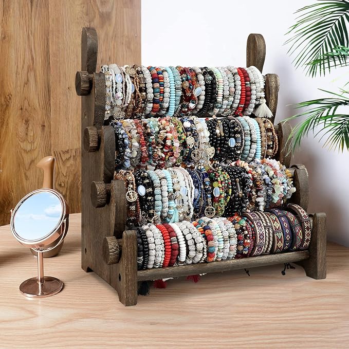 TOPNEW 4 Tier Wooden Bracelet Holder, Scrunchie Bangle Watch Necklace Display - Image 5