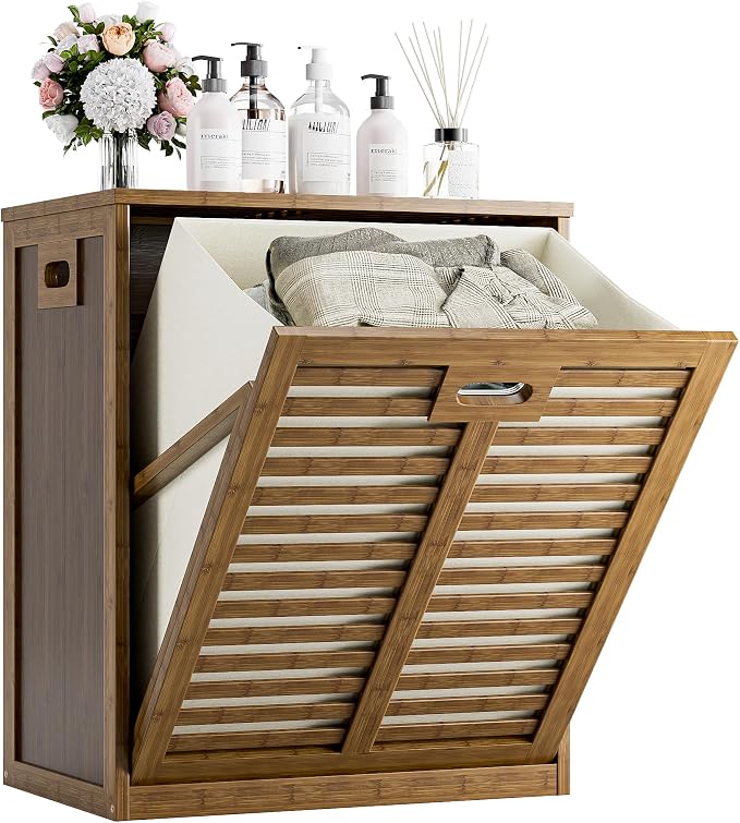 HITNET Bamboo Tilt Out Laundry Hamper, Bathroom Storage Cabinet by HITNET