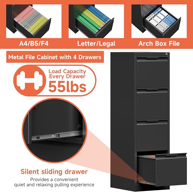 4 Drawer File Cabinet with Lock, 17.8" Deep Vertical Metal Filing Cabinet - Image 4