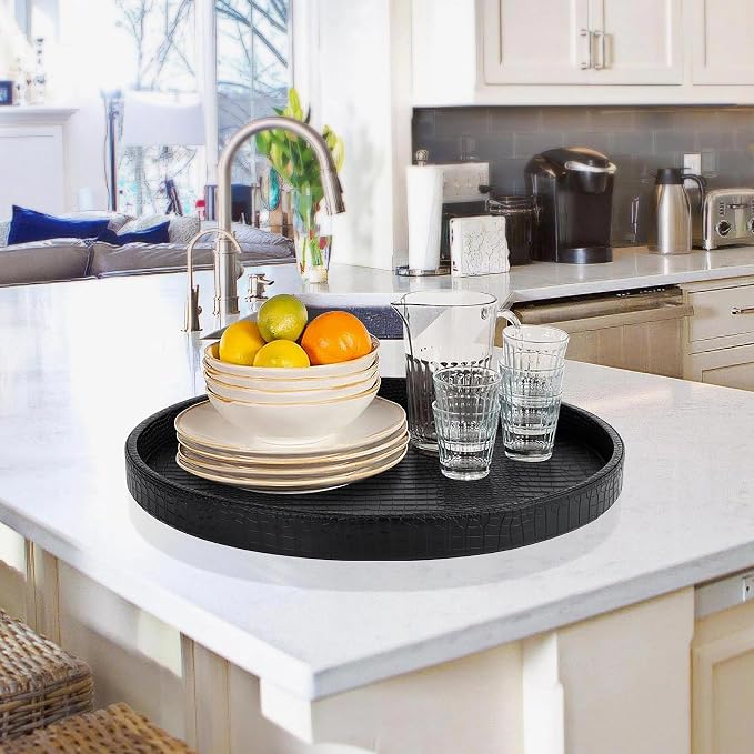 HofferRuffer Round Serving Tray 20'', Elegant Faux Leather Circle Ottoman Table - Image 6