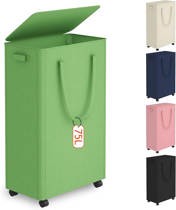Slim Laundry Hamper with Wheels, 20 Gal Rolling Laundry Basket with lid and by Vincona