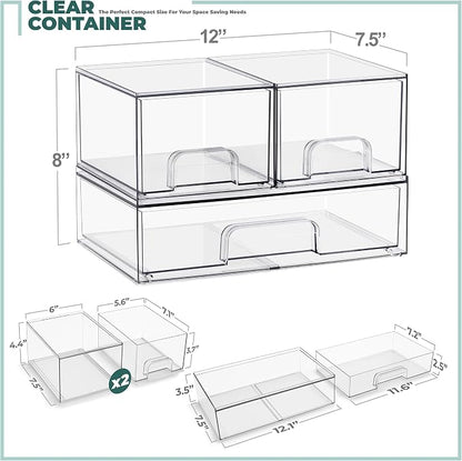 Sorbus Stackable Acrylic Storage Drawers – 2 Small + 1 Wide – 3 Pack Clear - Image 3