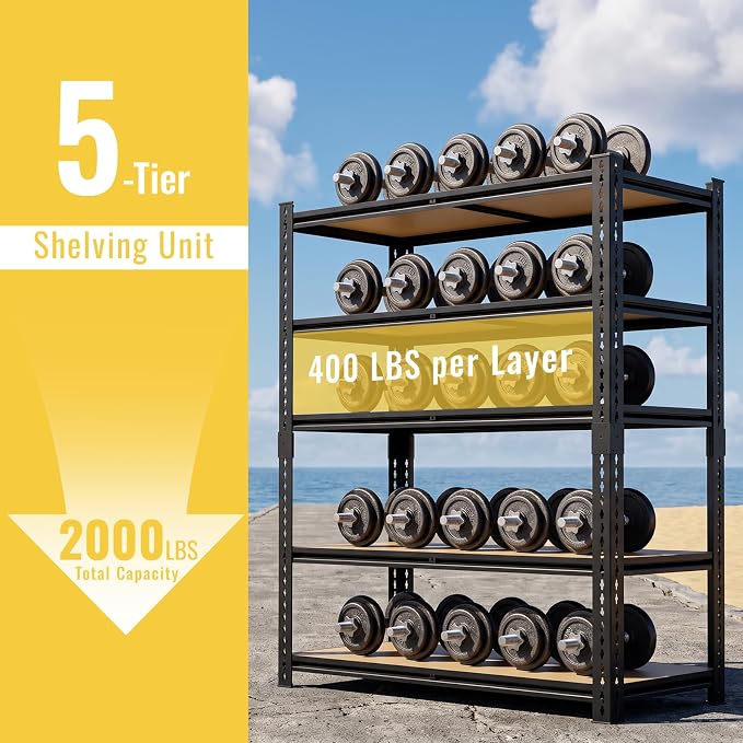 5 Tier Garage Shelving, Adjustable Heavy Duty Garage Shelves | 72 "H Metal - Image 4