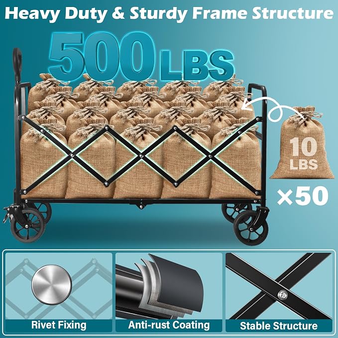 Collapsible Wagon Cart with Wheels Foldable: 500LBS Heavy Duty Folding Utility - Image 8