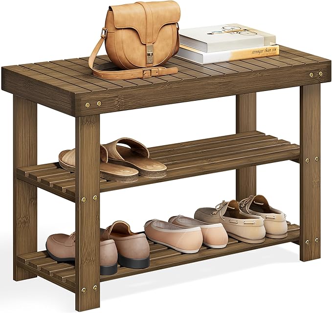 SONGMICS Shoe Rack Bench, 3-Tier Bamboo Shoe Storage Organizer, Entryway Bench by Unknown
