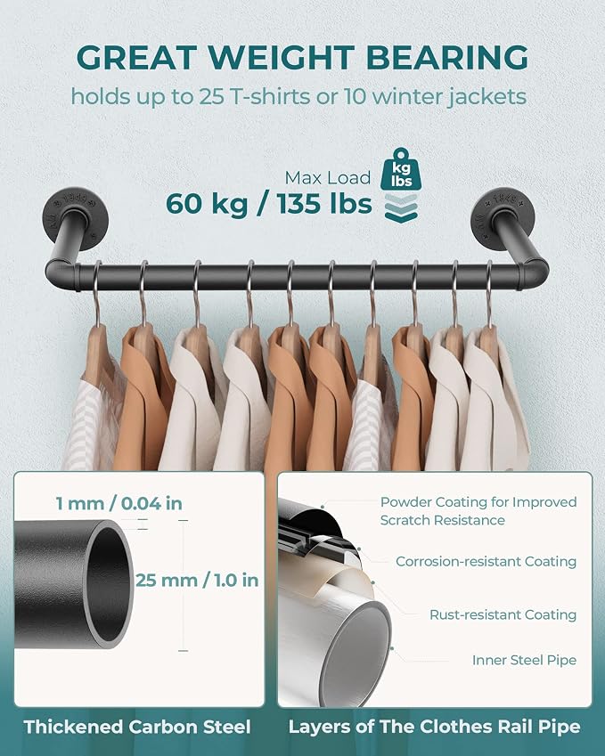 OROPY Industrial Pipe Clothes Rack, Heavy Duty Wall Mounted Iron Garment Bar | - Image 6