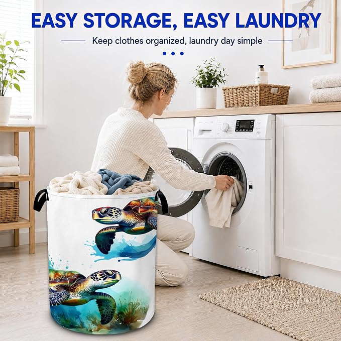 Sea Turtle Watercolor Laundry Basket Foldable Waterproof Oxford Cloth Tote Bag - Image 6