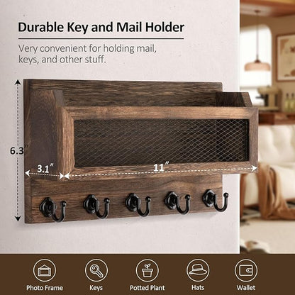 Nekon Mail and Key Holder for Wall Decorative, 11 Inch Wooden Wall Key Organizer - Image 6