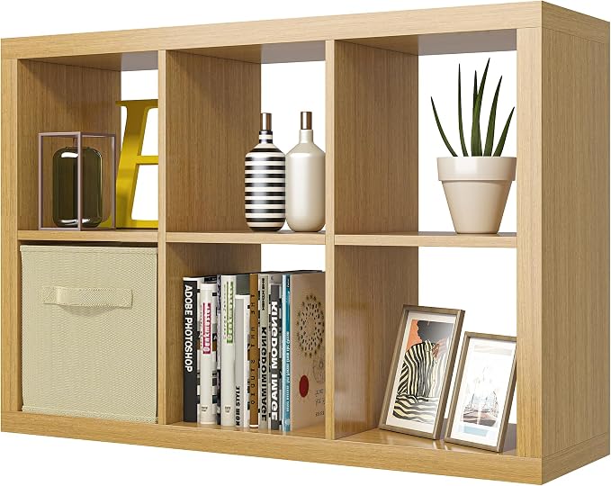 furtble Bookshelf with Storage Bin, 6-Cube Storage Organizer, Modern Wood Open by furtble
