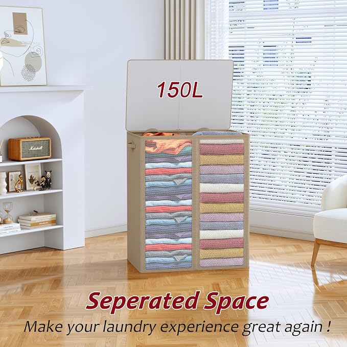 150L Laundry Hamper 2 Section, Large Laundry Hamper - Image 4