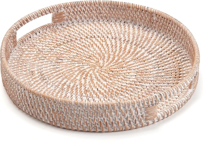 Round Rattan Serving Tray Decorative Woven Ottoman Trays - Image 2