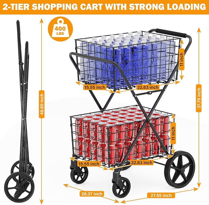 2-Tier Collapsible 400Lbs Heavy Duty Shopping Cart - Image 2