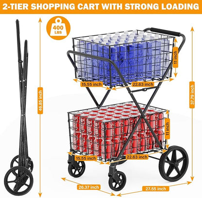 2-Tier Collapsible 400Lbs Heavy Duty Shopping Cart - Image 2