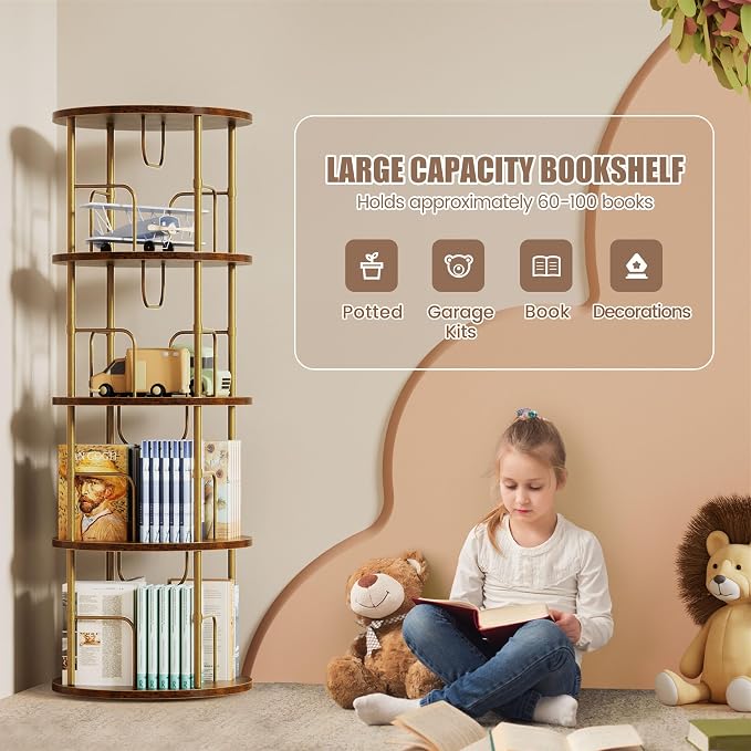 Flycity 4 Tier Rotating Bookshelf, 360° Corner Bookshelf Tower, Round Revolving - Image 6