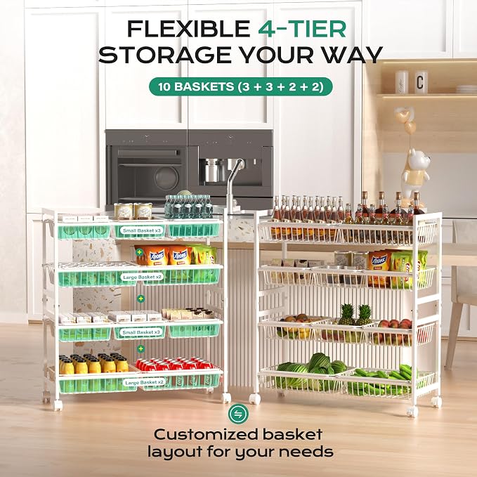 Cinati 4-Tier Snack Cart with Wheels, Rolling Pantry Storage Cart with 10 Wire - Image 2