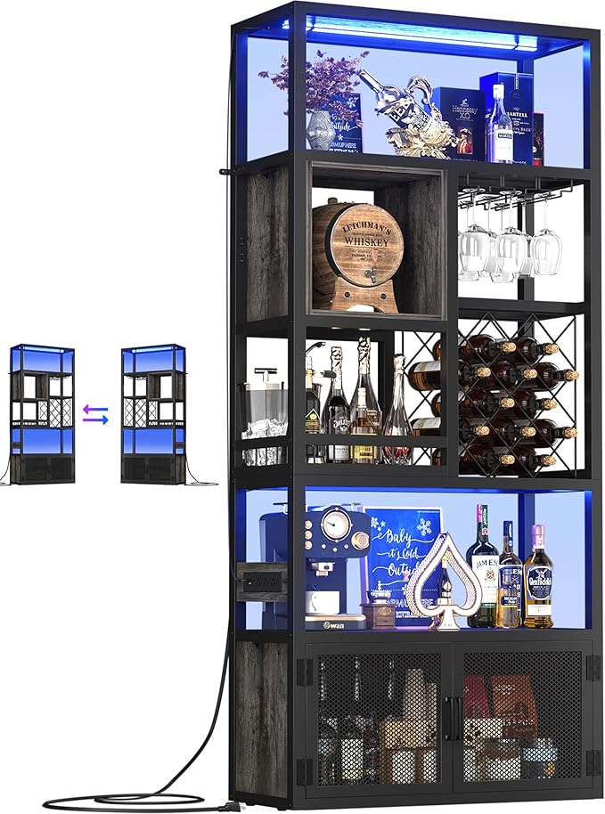 82.6" Tall Bar Cabinet with Power Outlets, 6-Tiers Reversible Wine Cabinet with by Armocity
