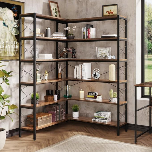 6-Shelf Corner Bookshelf, Vintage Industrial L Shaped Bookshelf Etagere Bookcase by WildhomeYourHomeFurnishingSolution