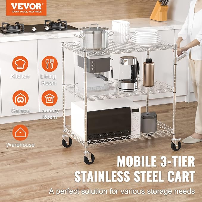 VEVOR Kitchen Utility Cart, 3 Tiers, Wire Rolling Table - Image 2