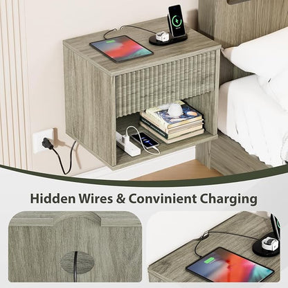 VINGLI Floating Nightstand Gray Fluted Night Stand 1 Drawer Bed Side Table - Image 6