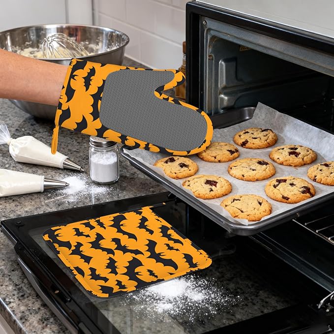 Halloween Bat Heat-Resistant Silicone Oven Mitts and Pot Holders 4 Piece Set - Image 4