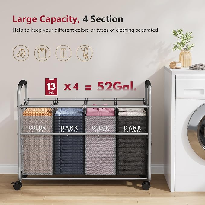 Tajsoon Laundry Sorter 4 Sections, Laundry Separator Hamper - Image 4